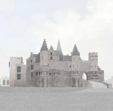 Vooraanzicht van Het Steen met de nieuwe aanbouw - ©NoAarchitecten