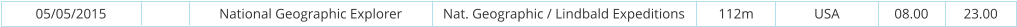 05/05/2015 National Geographic Explorer Nat. Geographic / Lindbald Expeditions 112m USA 08.00 23.00