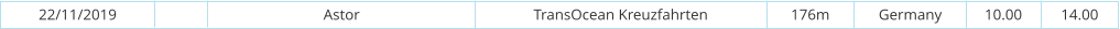 22/11/2019 Astor TransOcean Kreuzfahrten 176m Germany 10.00 14.00