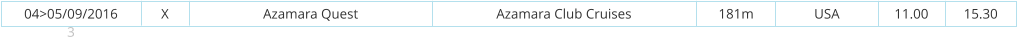 04>05/09/2016 3 Azamara Quest Azamara Club Cruises 181m USA 11.00 15.30 X
